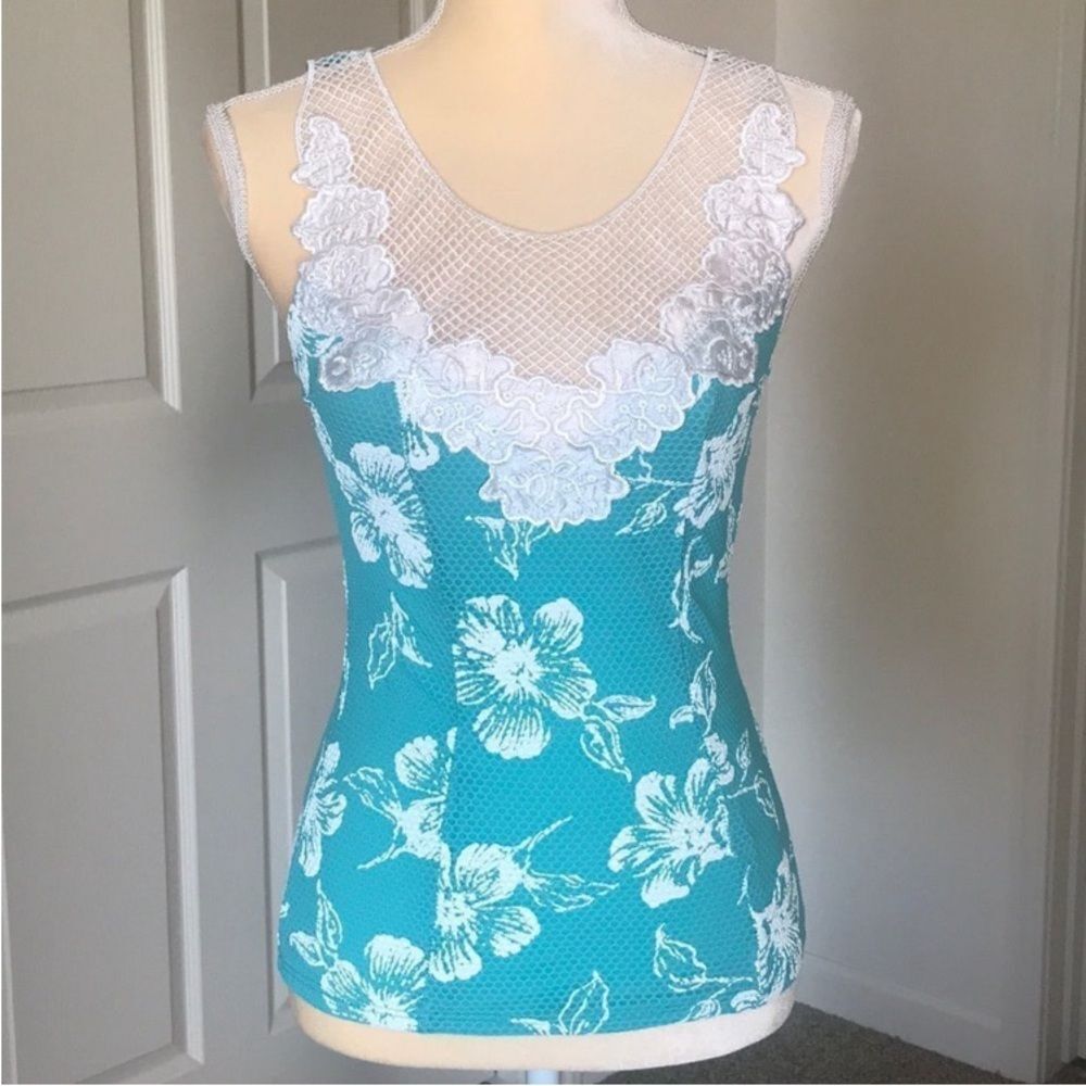 Teal and White Floral Lace Women's Camisole Made In USA Size S